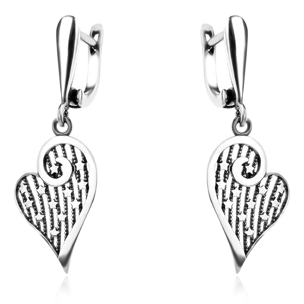 Heart Earrings Sterling Silver 925 Stars Accent Dangle Drop Style Love Romantic Jewelry Women Girl B