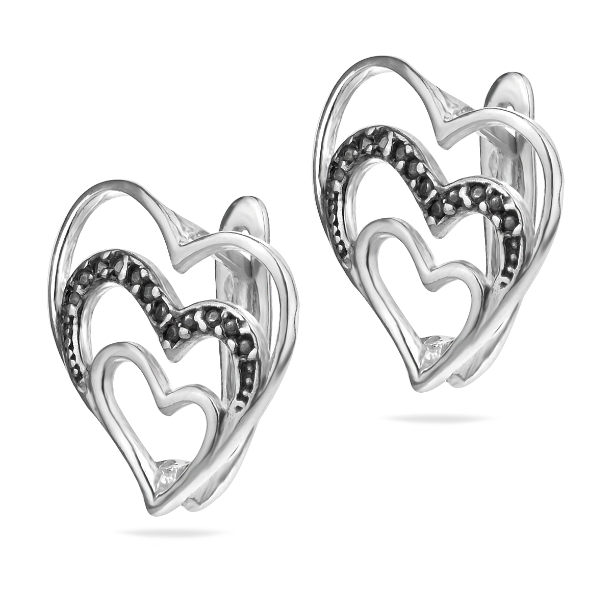 Hearts Earrings Sterling Silver 925 Three Open Oxidised Heart Hoop Love Jewellery Romantic Charm Women Girl Gift Idea
