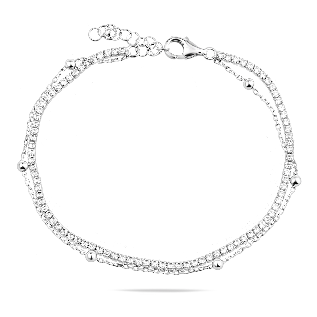 Sterling Silver 925 Double Chain Bracelet Dainty CZ Crystal Bead Accent Bracelet Layered Sparkle Jewellery Gift