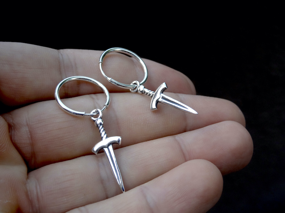 Sword Earrings Sterling Silver .925 Dagger Endless Wire Sleeper Hoops Pair 1,5cm 15mm Mini Round Minimalist Unisex Everyday Gift Present - Image 4