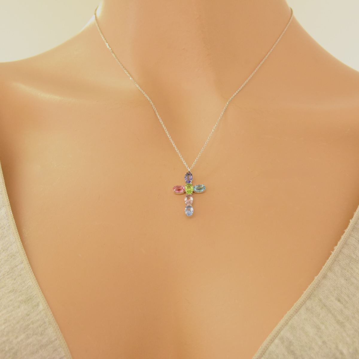 Sterling Silver 925 Cross Pendant Necklace "Rainbow" - Maestro Italy Collection - Silver Image 2