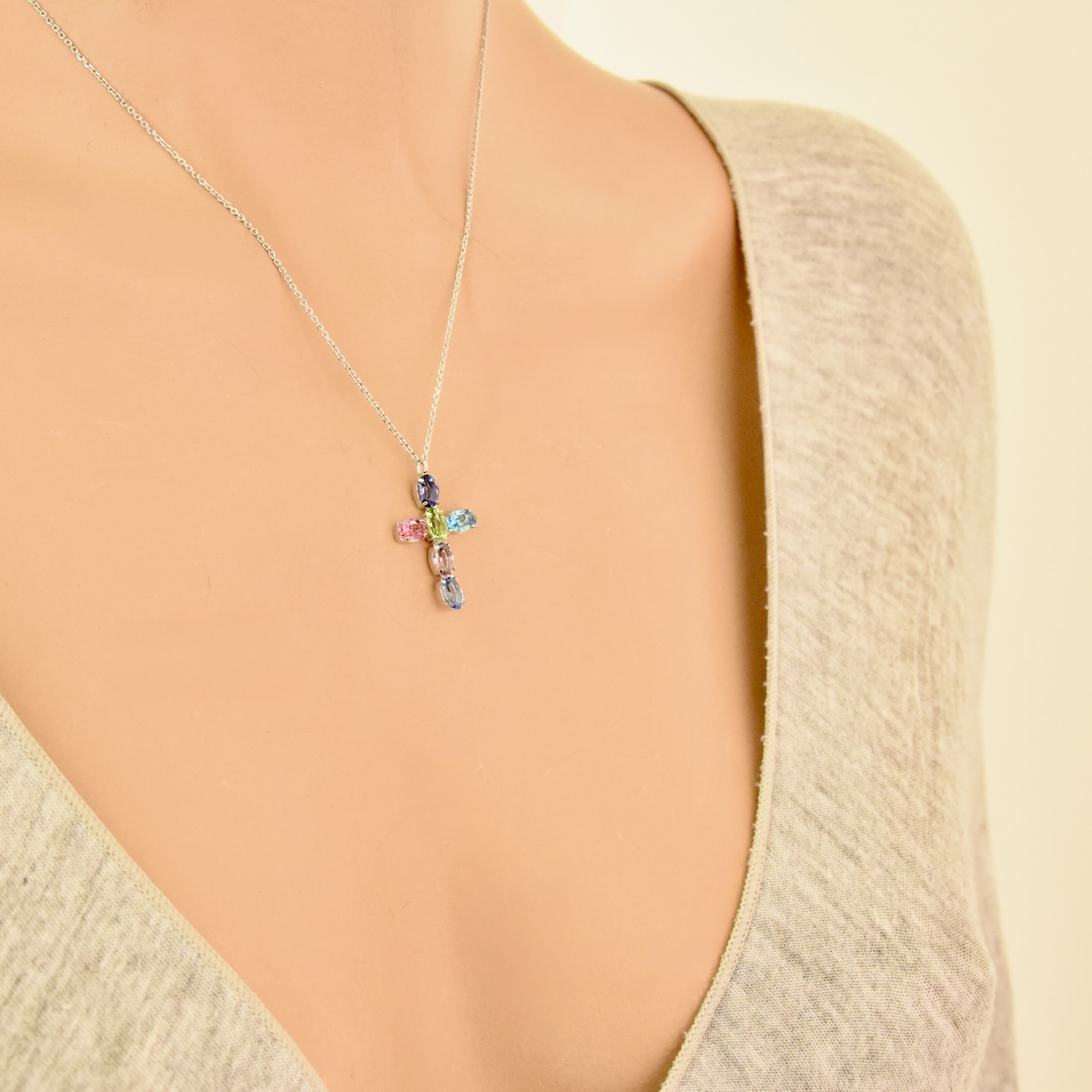 Sterling Silver 925 Cross Pendant Necklace "Rainbow" - Maestro Italy Collection - Silver Image 3