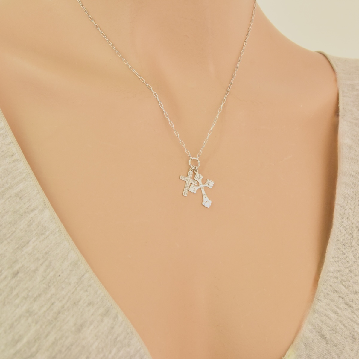 Sterling Silver 925 Cross Pendant Necklace "Dual Grace" - Maestro Italy Collection - Silver Image 3