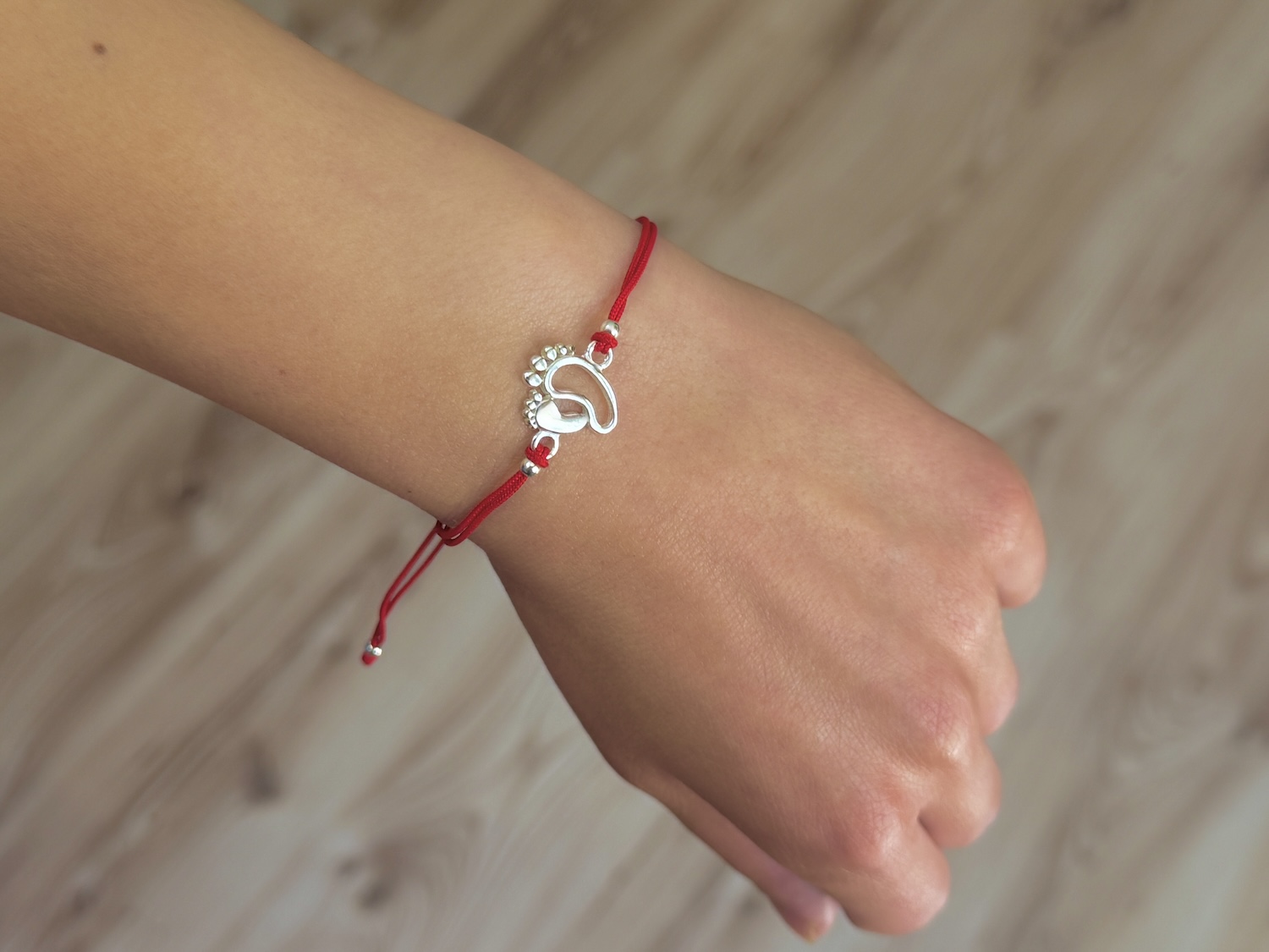 Red String Bracelet with Sterling Silver Baby Feet Charm “First Steps” - Image 3