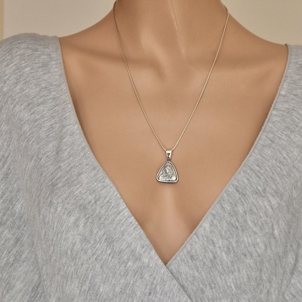 Triangle Sacred Virgin Mary Pendant Sterling Silver 925 Oxidised Necklace Religious Jewellery - Image 3