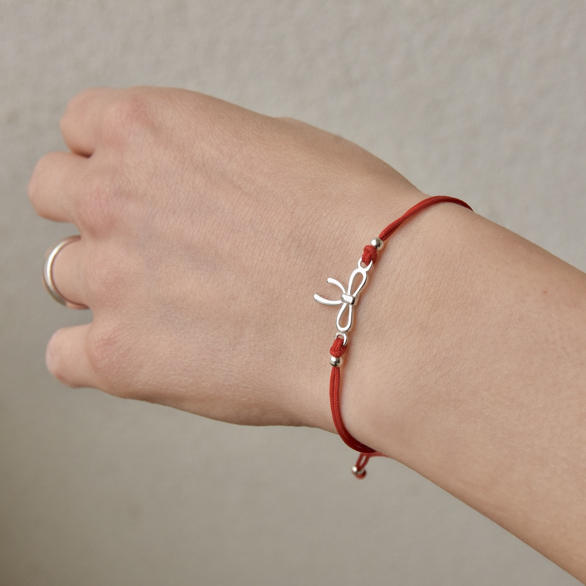 Red String Bracelet with Sterling Silver “Little Wish” Bow Charm – Adjustable Cord - Image 4