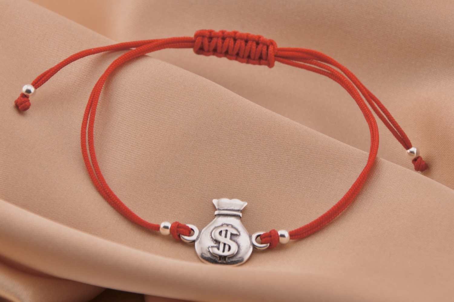 Red String Bracelet with Sterling Silver Money Bag Charm “Good Fortune” - Image 2