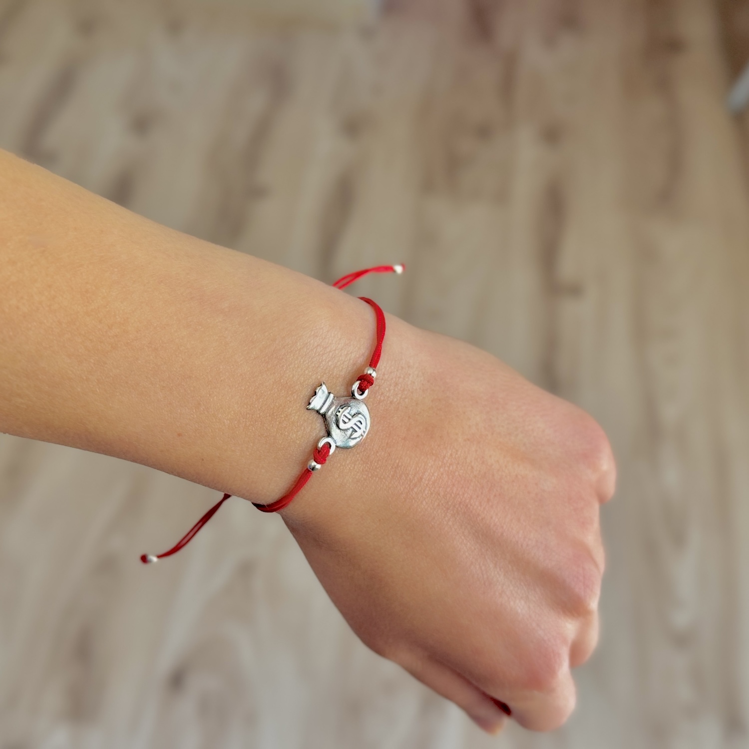 Red String Bracelet with Sterling Silver Money Bag Charm “Good Fortune” - Image 3