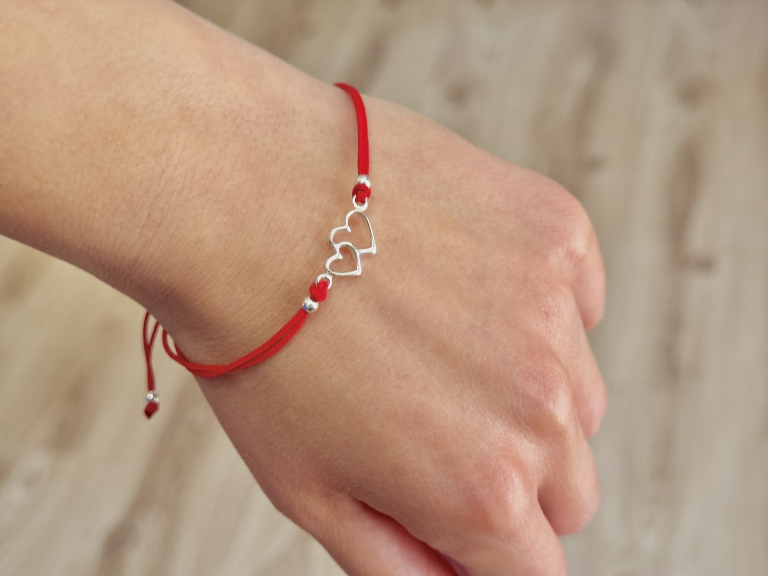 Red String Bracelet with Sterling Silver Hearts Charm “Together” - Image 4