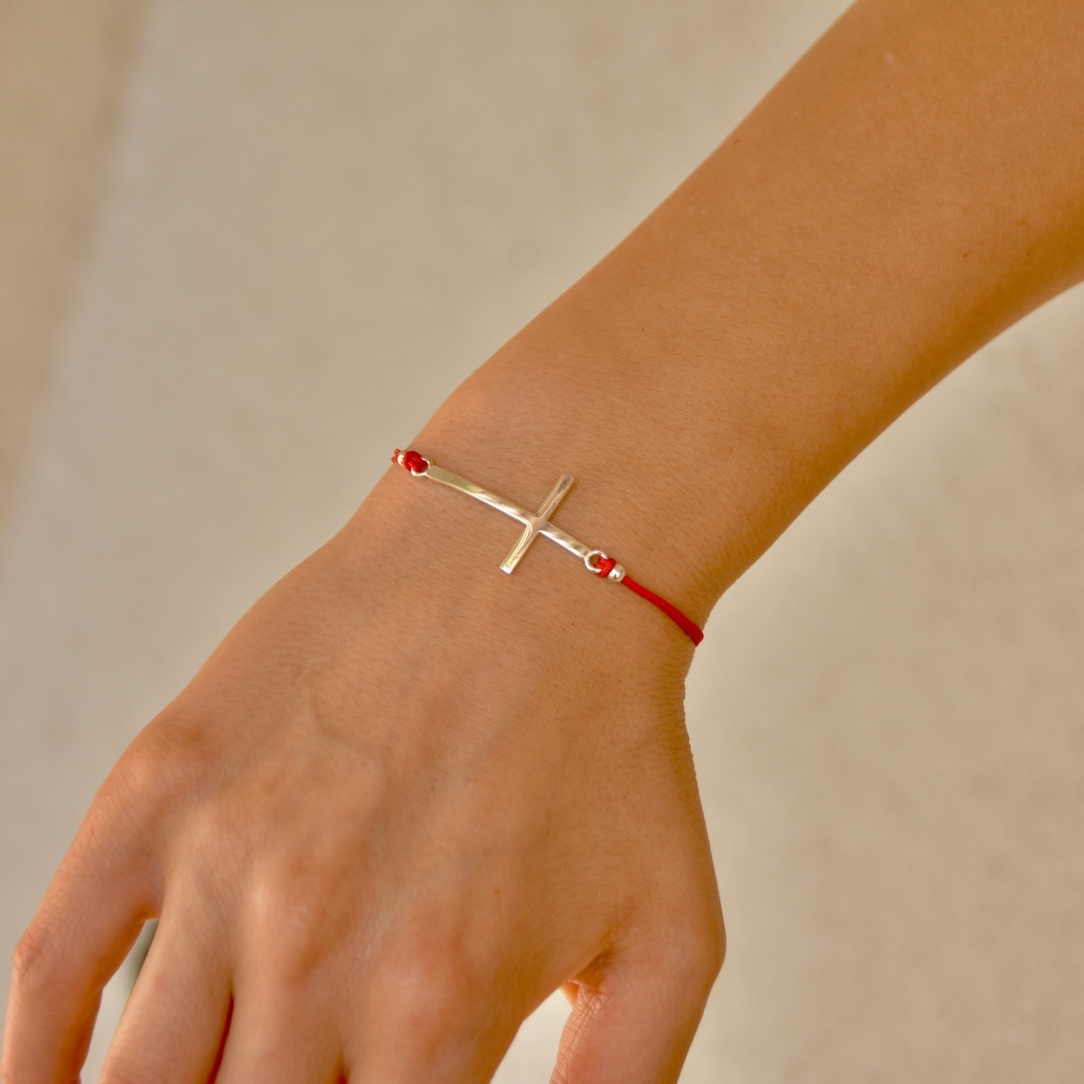 Red String Bracelet with Serling Silver 9225 Cross Charm "Blessed" - Silver Image 2