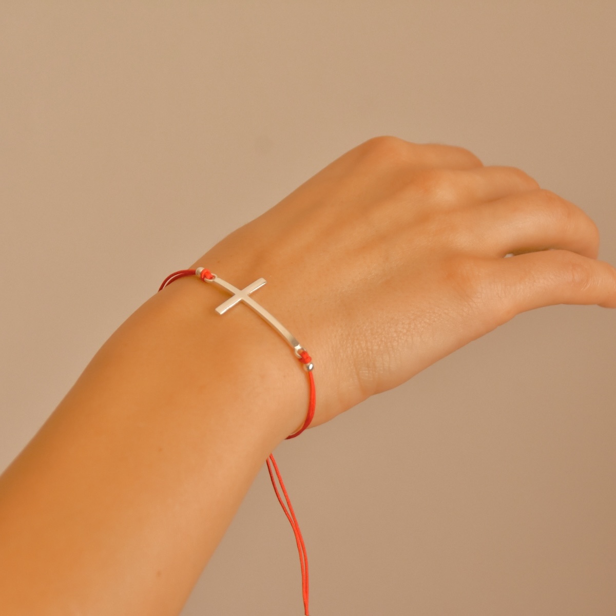 Red String Bracelet with Serling Silver 9225 Cross Charm "Blessed" - Silver Image 3
