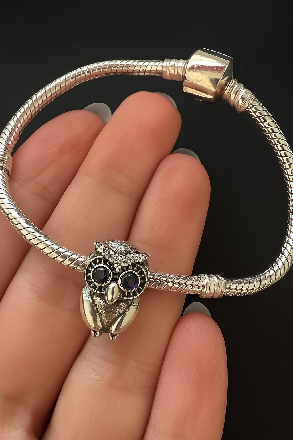 Sterling Silver 925 Owl Bracelet Charm Blue White Cubic Zirconia Gemstones Bead Bracelet Accessory - Image 2