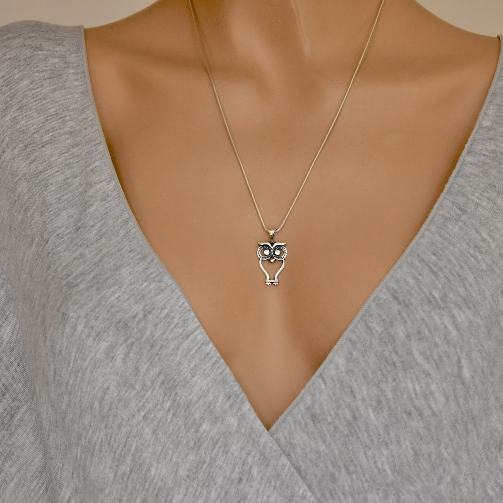 White Zircon Gemstones Owl Necklace Pendant Sterling Silver 925 - Image 3