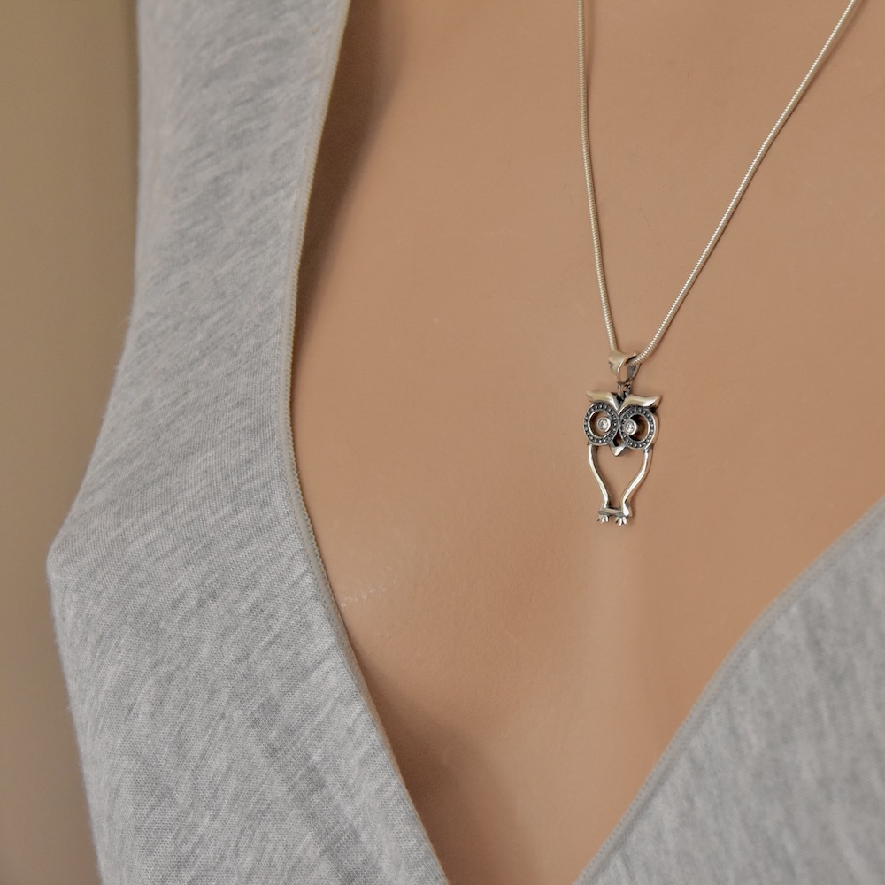White Zircon Gemstones Owl Necklace Pendant Sterling Silver 925 - Image 4