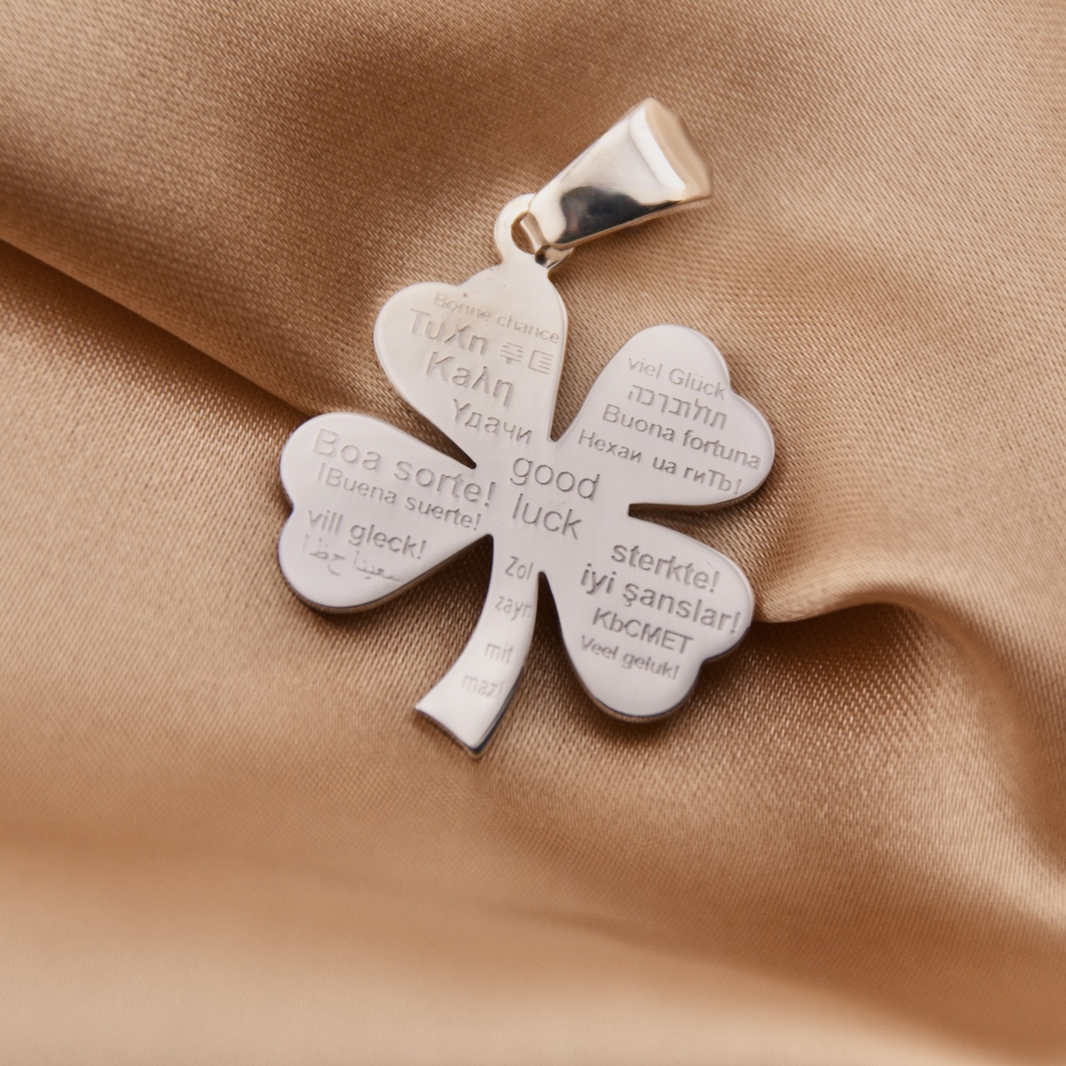 Multilanguage Good Luck Four Leaf Clover Pendant Sterling Silver 925 Necklace Charm Jewellery - Image 2