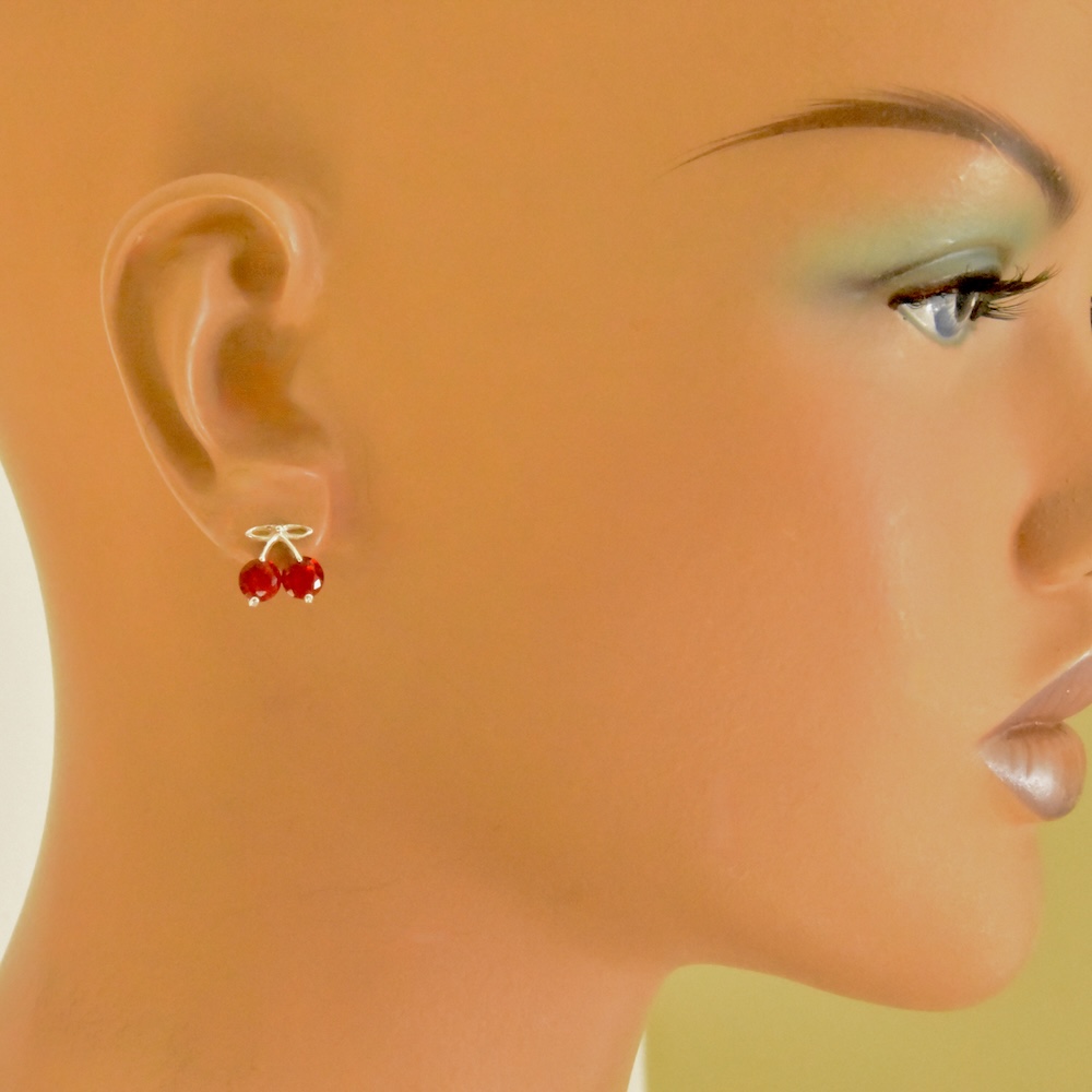 Red Cherry Stud Earrings Sterling Silver 925 Gemstones Jewellery "Sparkling Blossom" - Image 3