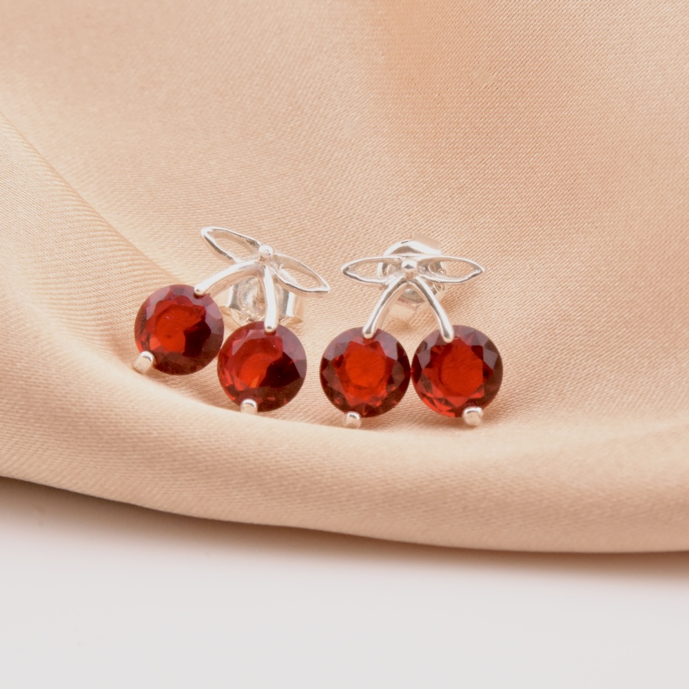 Red Cherry Stud Earrings Sterling Silver 925 Gemstones Jewellery "Sparkling Blossom" - Image 2