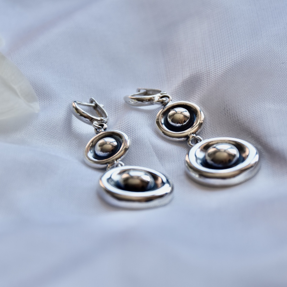 Double Sphere Earrings Sterling Silver .925 Dangle Drop Oxidised Women Gift Present Jewellery - Image 2