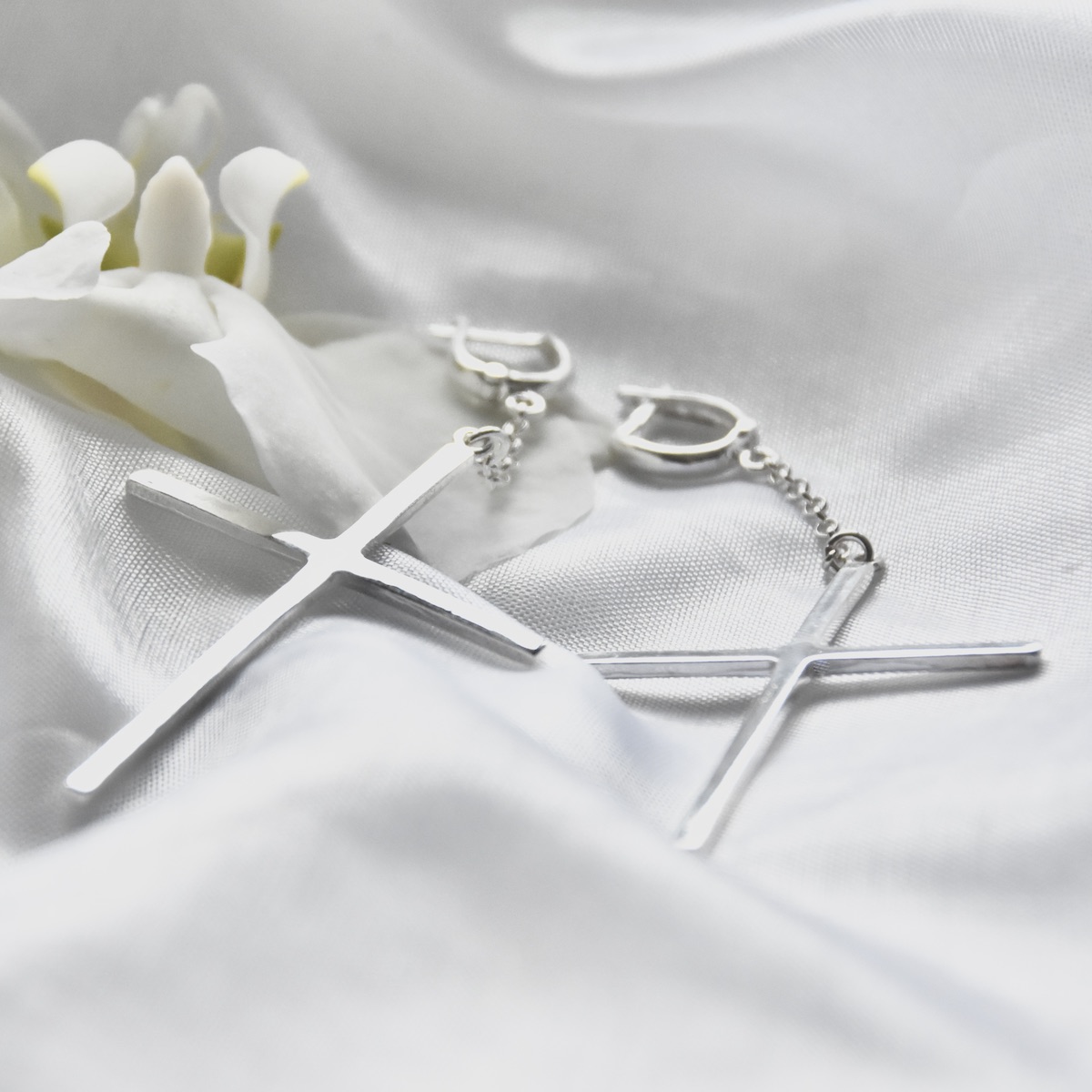 Chain Dangle Drop Cross Earrings Sterling Silver .925 Modern Wire Long Chain Charm Minimalist Ear Je - Image 2
