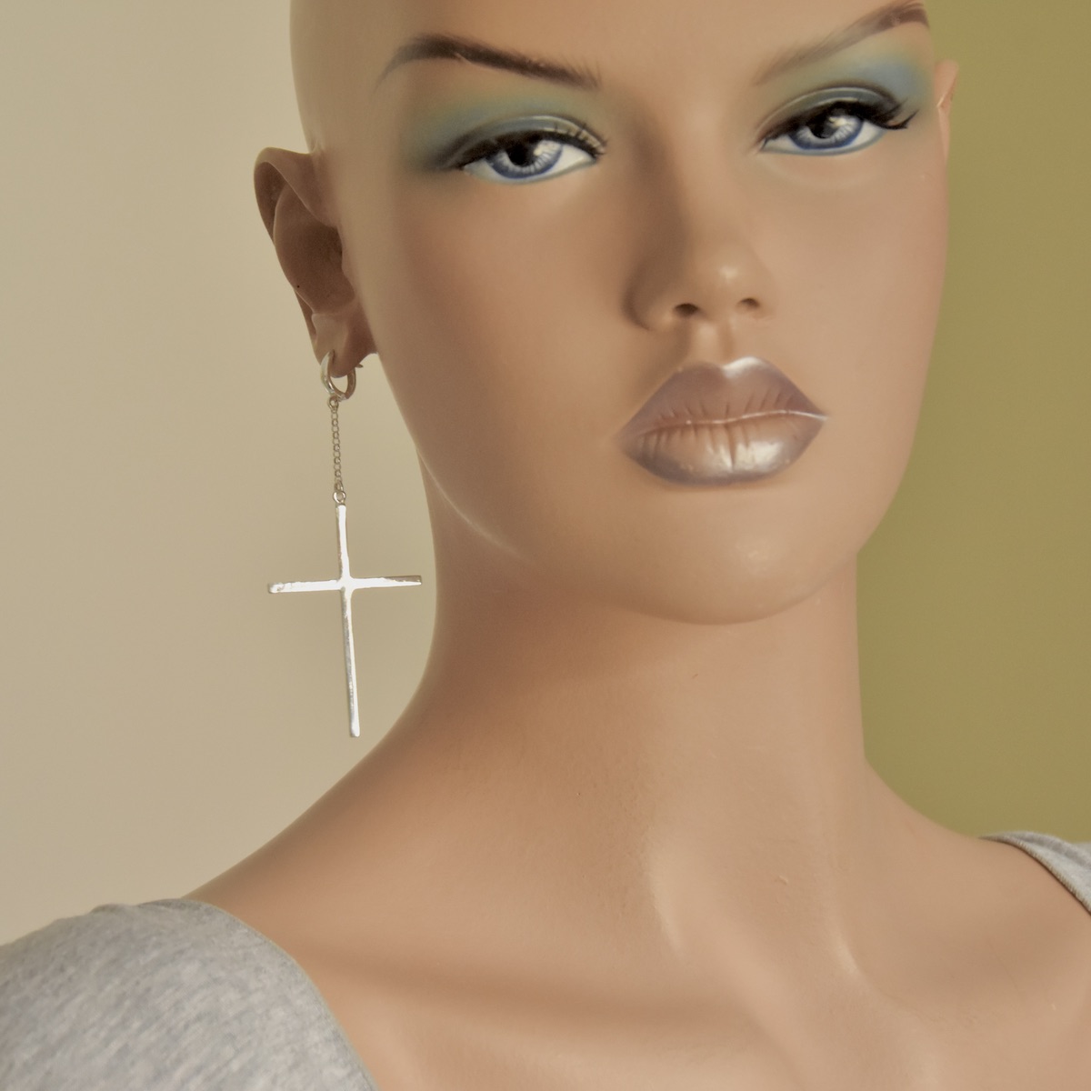 Chain Dangle Drop Cross Earrings Sterling Silver .925 Modern Wire Long Chain Charm Minimalist Ear Je - Image 3