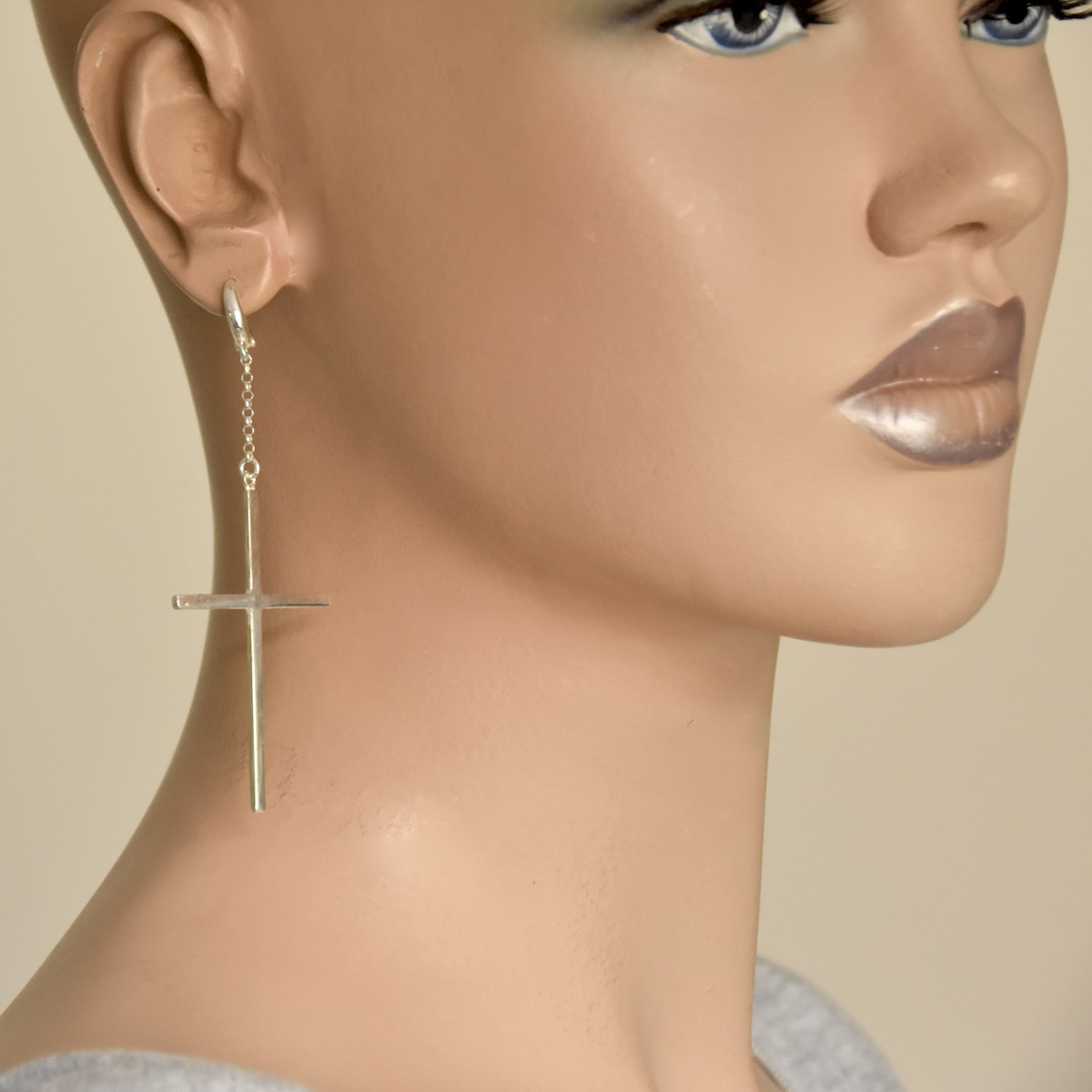 Chain Dangle Drop Cross Earrings Sterling Silver .925 Modern Wire Long Chain Charm Minimalist Ear Je - Image 4