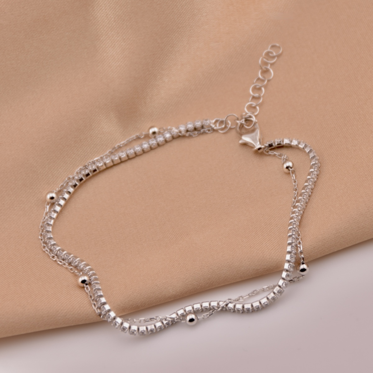 Sterling Silver Double Chain Bracelet “Sparkle Line” with Clear CZ Gemstones - Image 2