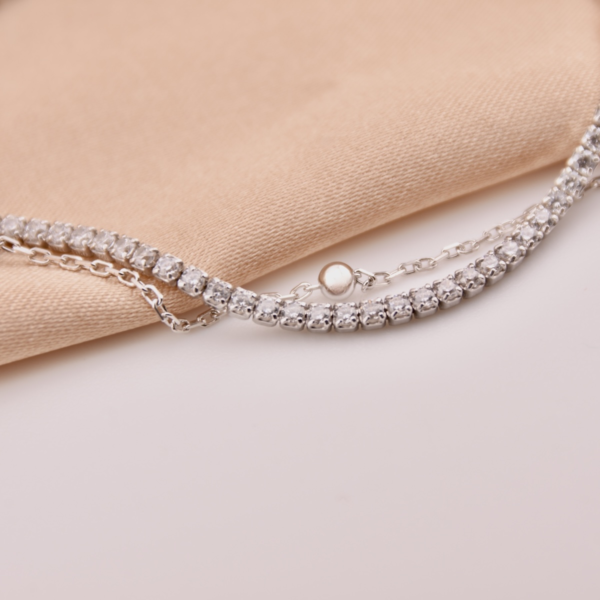 Sterling Silver Double Chain Bracelet “Sparkle Line” with Clear CZ Gemstones - Image 3