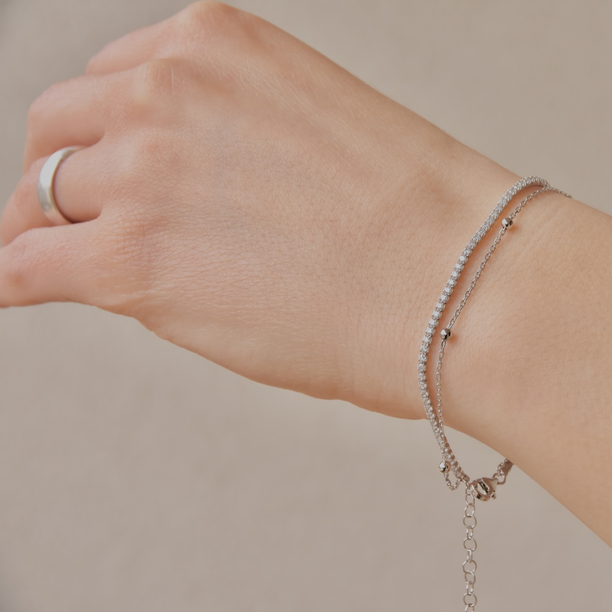 Sterling Silver Double Chain Bracelet “Sparkle Line” with Clear CZ Gemstones - Image 4