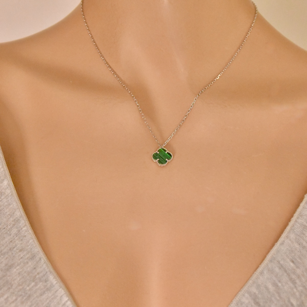 Malachite Clover Pendant Sterling Silver 925 Four-Leaf Luck Necklace Jewellery "Emerald" - Image 4