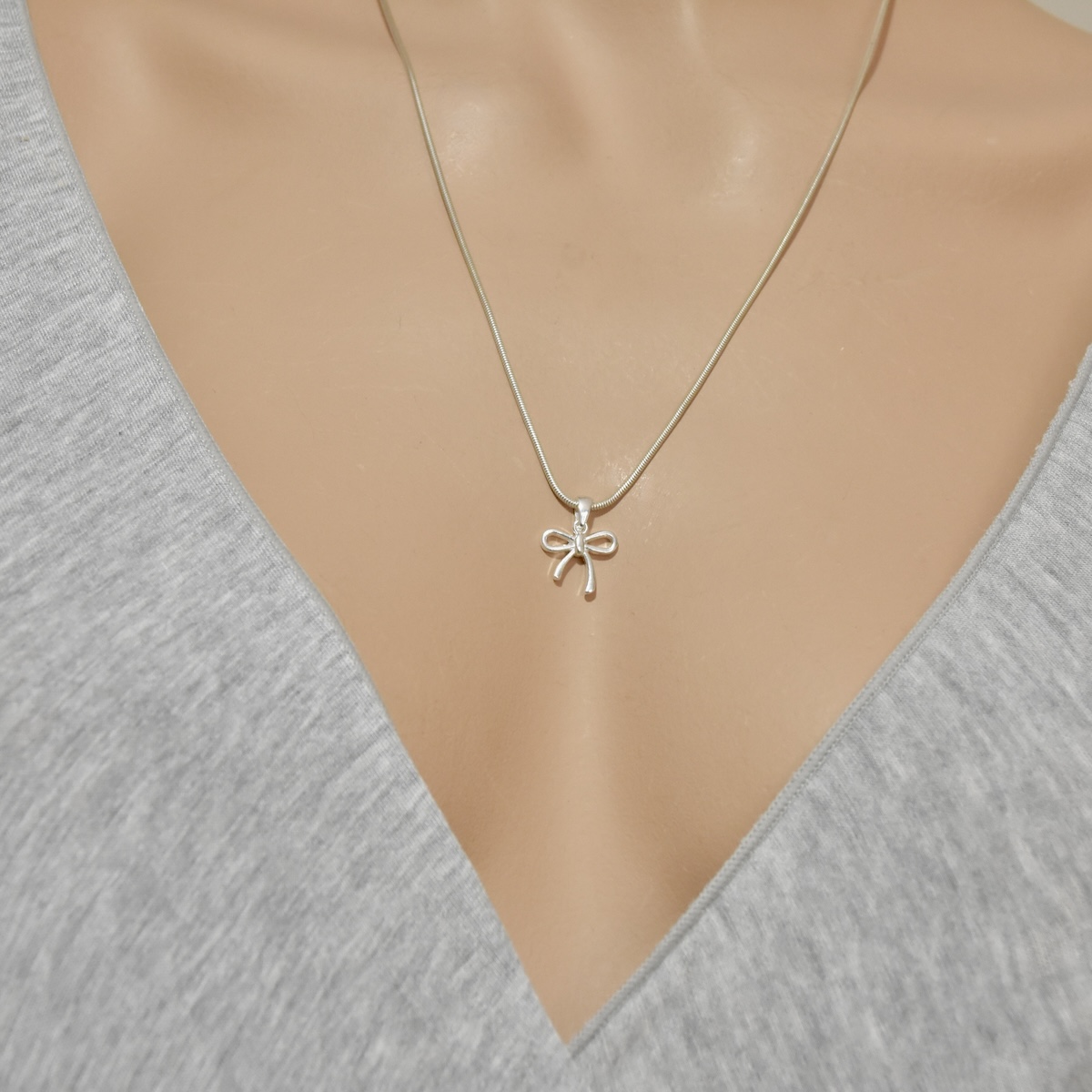 Bow Pendant Sterling Silver 925 Knot Necklace Chain Choker Dainty Ribbon Charm Elegant Handmade Jewelry - Image 3