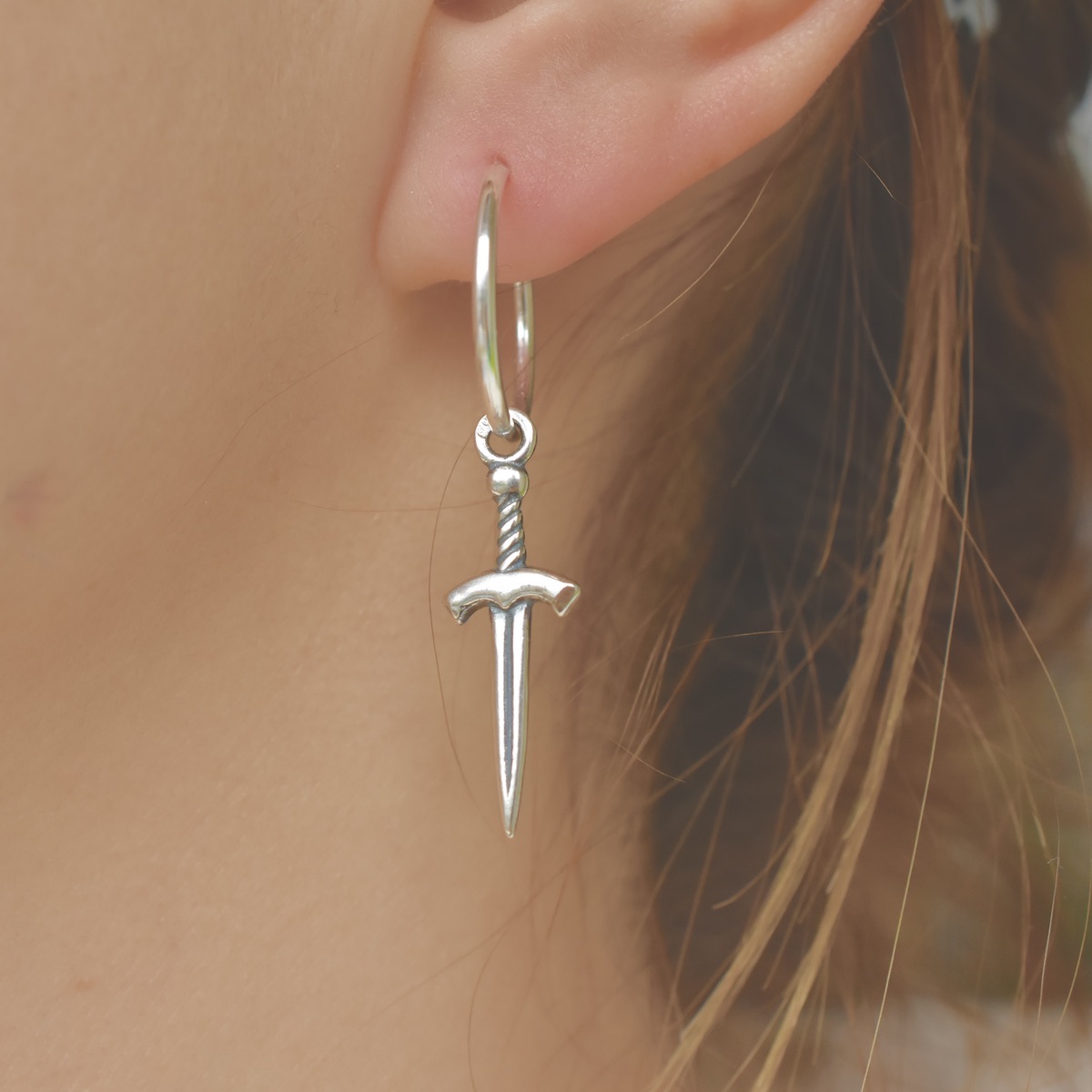 Sword Earrings Sterling Silver .925 Dagger Endless Wire Sleeper Hoops Pair 1,5cm 15mm Mini Round Minimalist Unisex Everyday Gift Present - Image 5