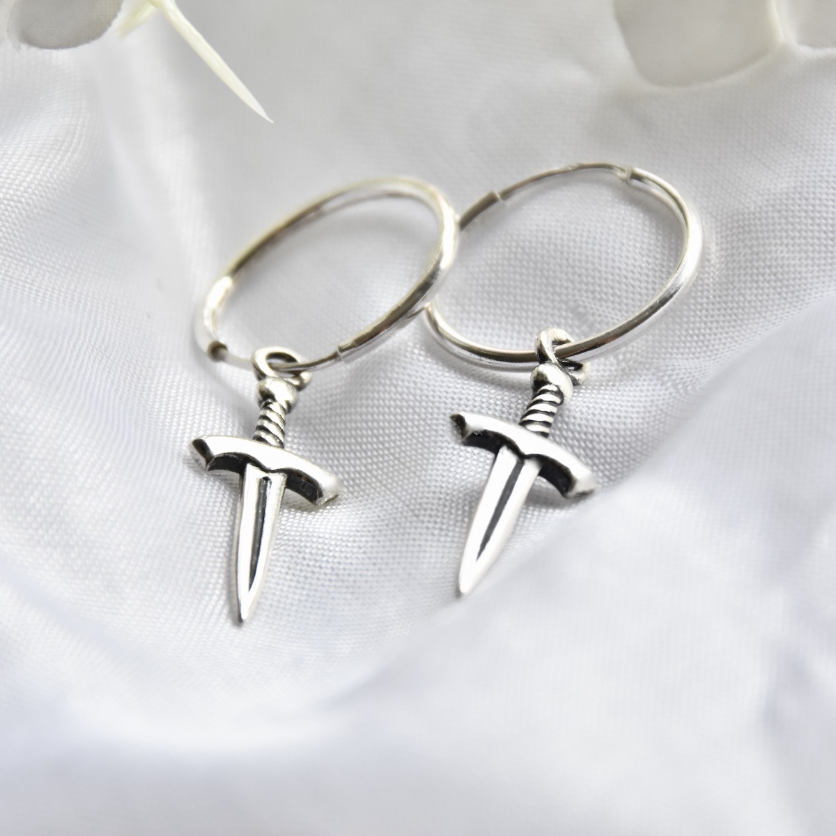 Sword Earrings Sterling Silver .925 Dagger Endless Wire Sleeper Hoops Pair 1,5cm 15mm Mini Round Minimalist Unisex Everyday Gift Present - Image 2