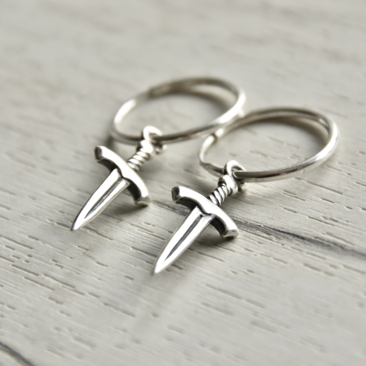 Sword Earrings Sterling Silver .925 Dagger Endless Wire Sleeper Hoops Pair 1,5cm 15mm Mini Round Minimalist Unisex Everyday Gift Present - Image 3
