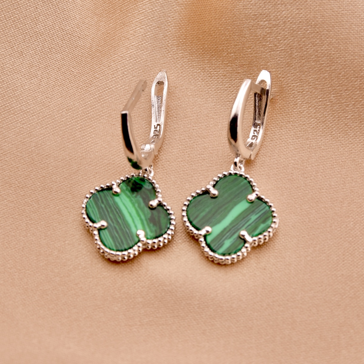 Green Malachite Earrings Sterling Silver 925 Dangle Drop Jewellery "Emerald" - Image 2
