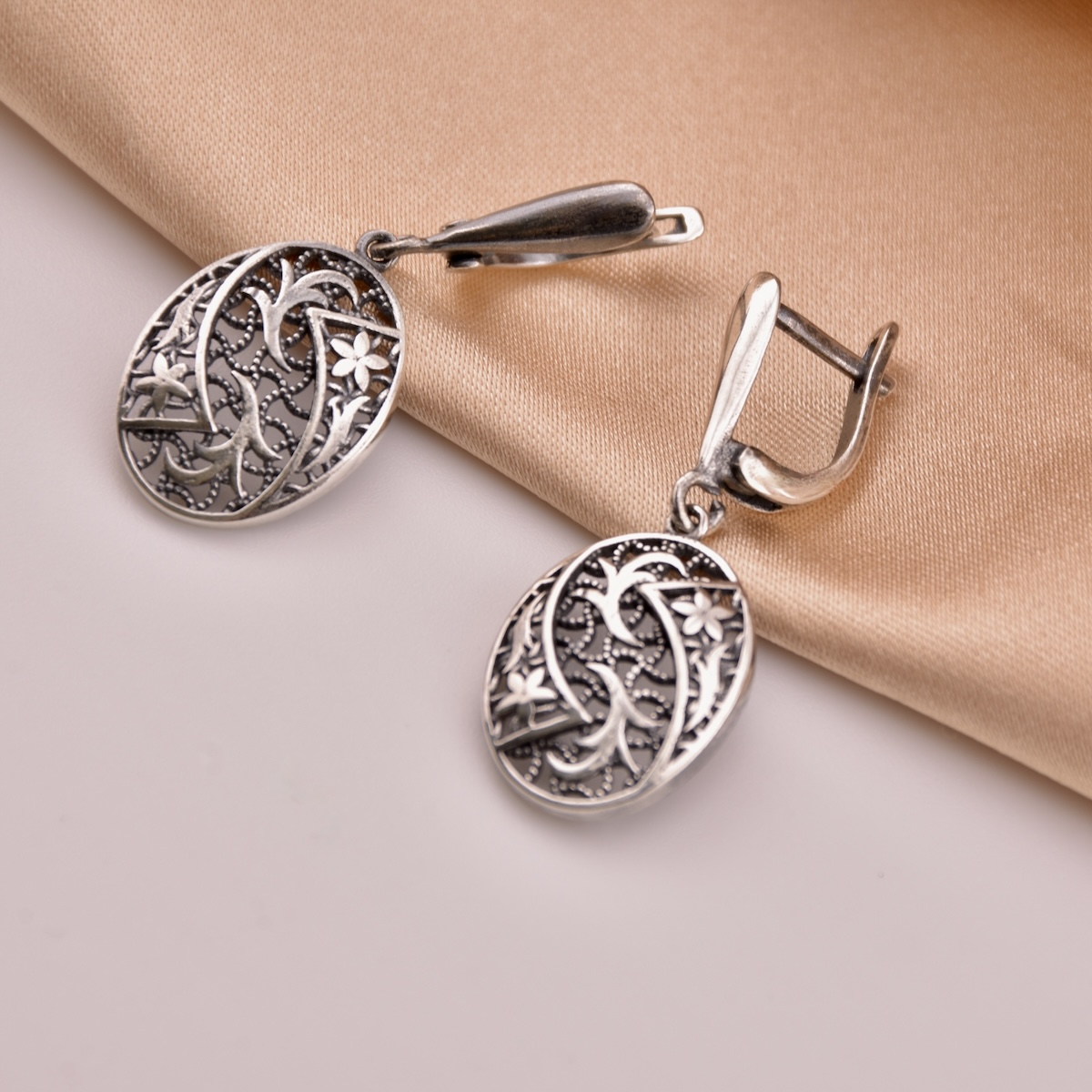 Flower Oval Earrings Sterling Silver 925 Dangle Drop Earrings Floral Design Women Girl Jewellery Gift Idea - Image 2