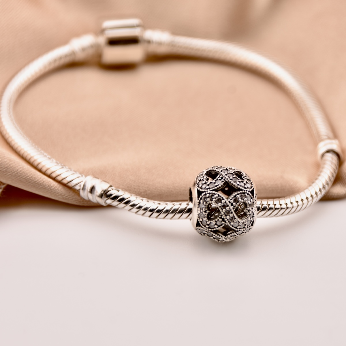 Sterling Silver 925 Infinity Bracelet Charm Sparkling CZ Gemstone Bead - Image 3