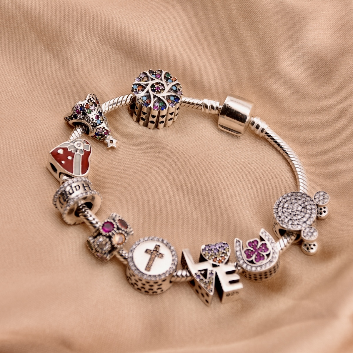 Sterling Silver 925 "Love" Bracelet Charm Multicolour CZ Gemstones Romantic Valentine Anniversary Bead Jewellery Gift - Image 4