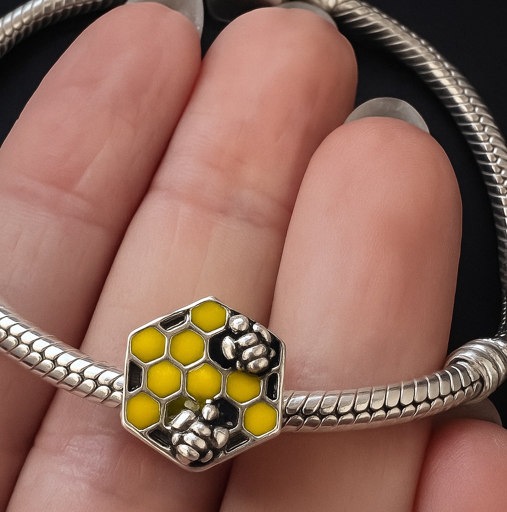 Sterling Silver 925 Bee Honeycomb Bracelet Charm Yellow Enamel Colourful Bead Accessory - Image 2
