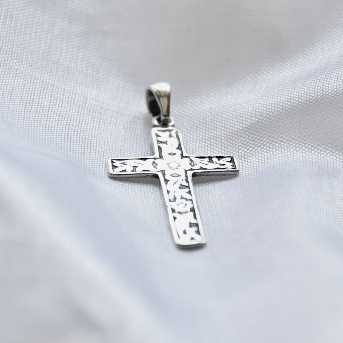 Cross Pendant Flower Accent Sterling Silver 925 Necklace Jewellery Modern Religious Christening Baptism Birthday Present Gift - Image 2