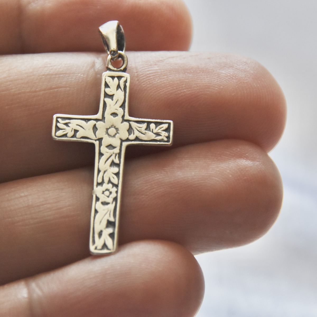 Cross Pendant Flower Accent Sterling Silver 925 Necklace Jewellery Modern Religious Christening Baptism Birthday Present Gift - Image 3