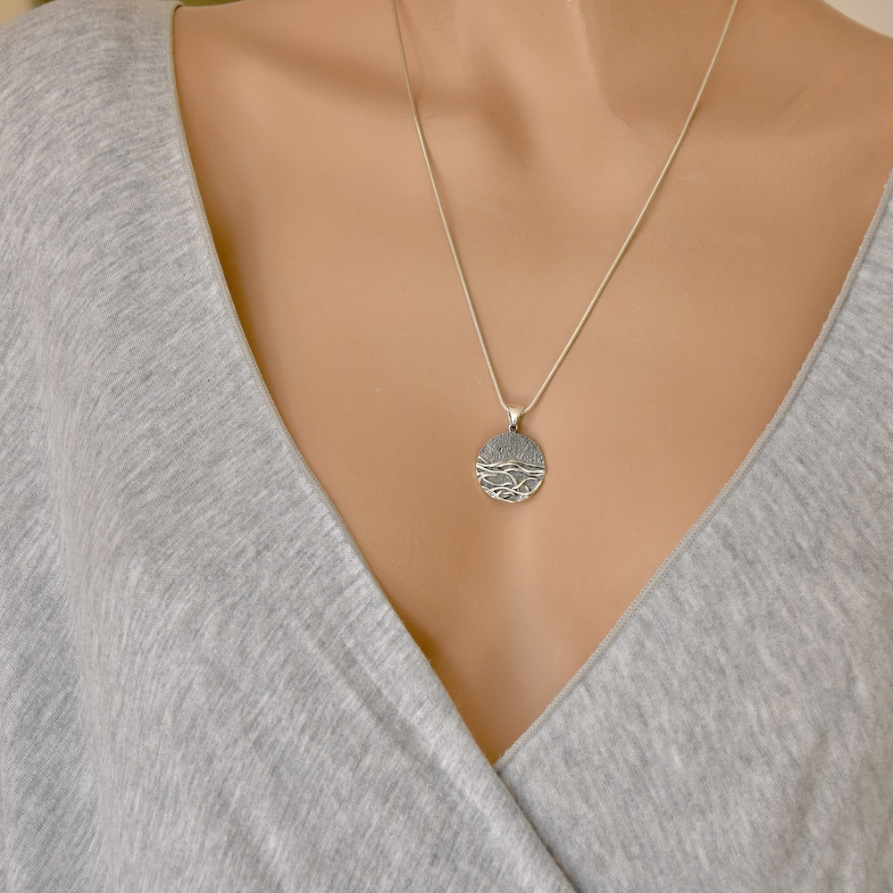 Ocean Pendant Sterling Silver 925 Necklace Chain Waves Sunset Round Jewellery Women Girl Gift Idea - Image 3