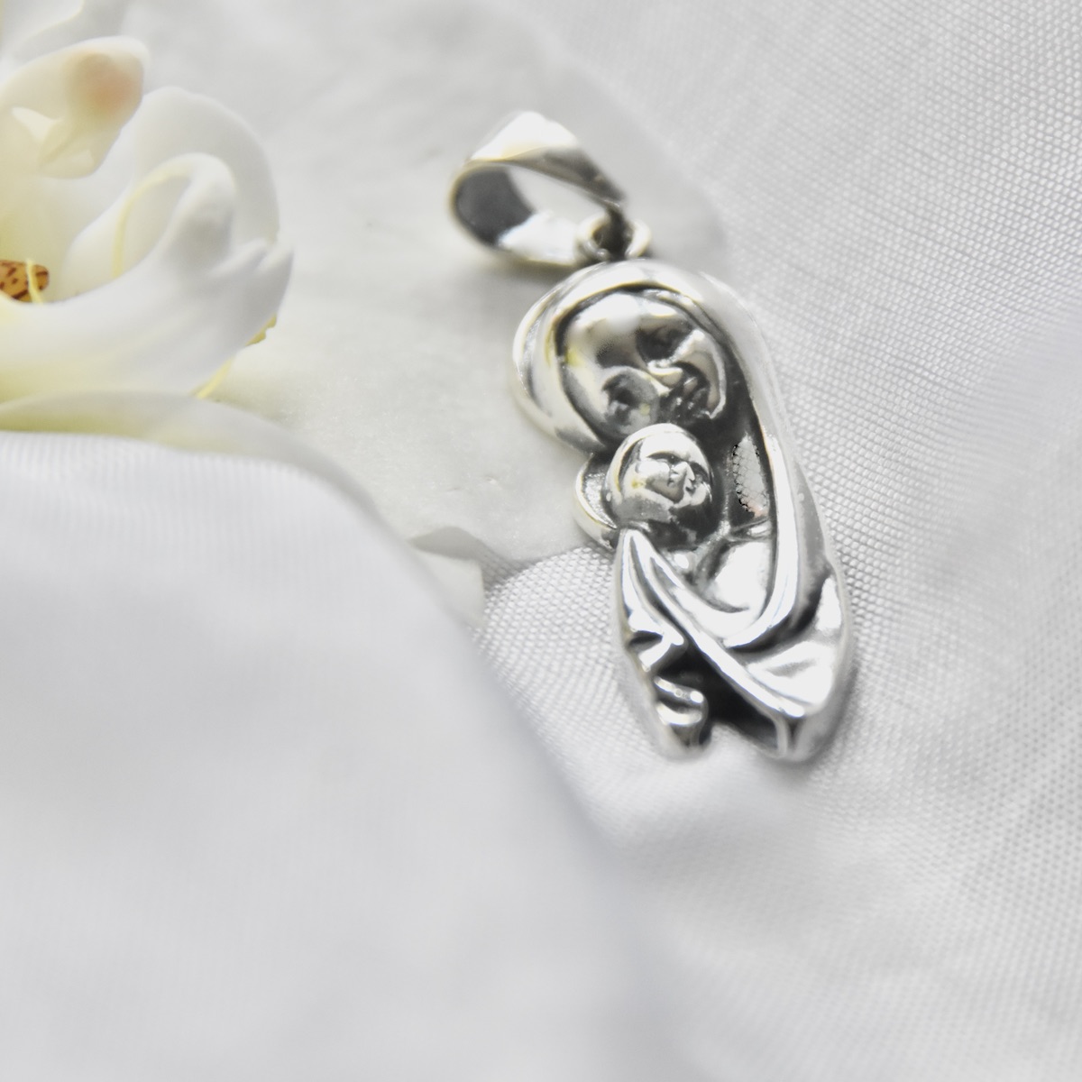 Modern Mother of God with Jesus Christ Pendant Sterling Silver 925 Religious Oxidised Necklace Jewellery - Image 2