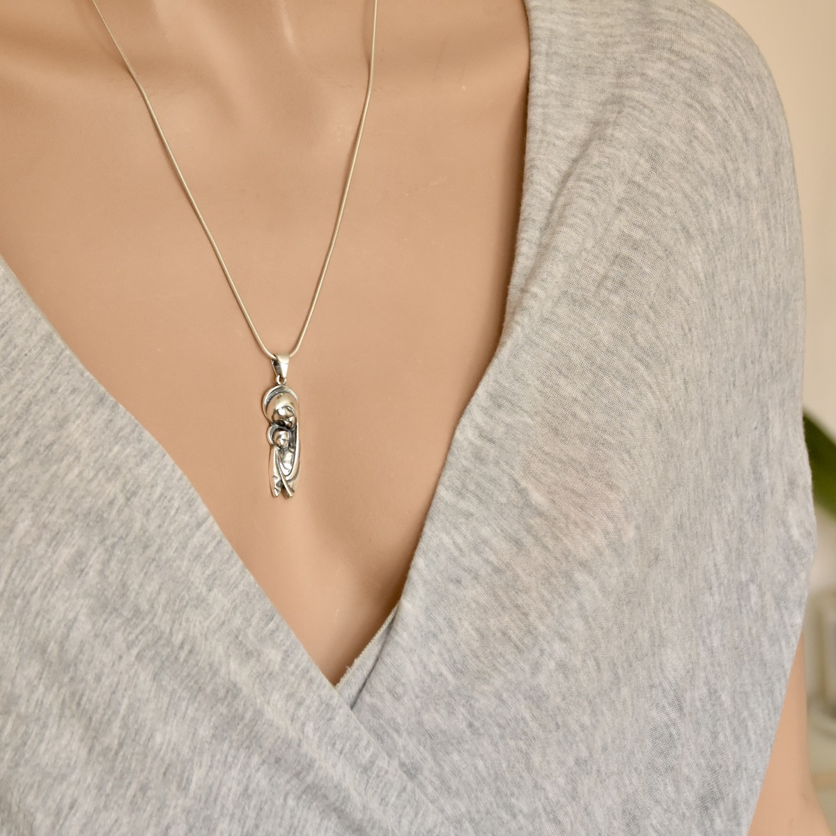 Modern Mother of God with Jesus Christ Pendant Sterling Silver 925 Religious Oxidised Necklace Jewellery - Image 3