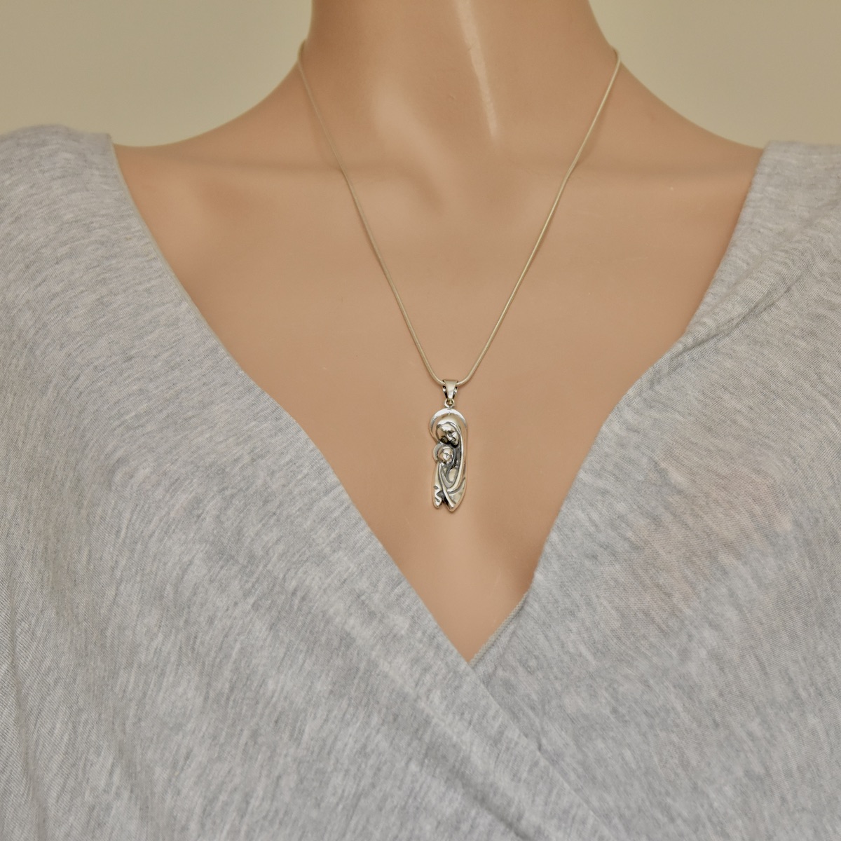 Modern Mother of God with Jesus Christ Pendant Sterling Silver 925 Religious Oxidised Necklace Jewellery - Image 4