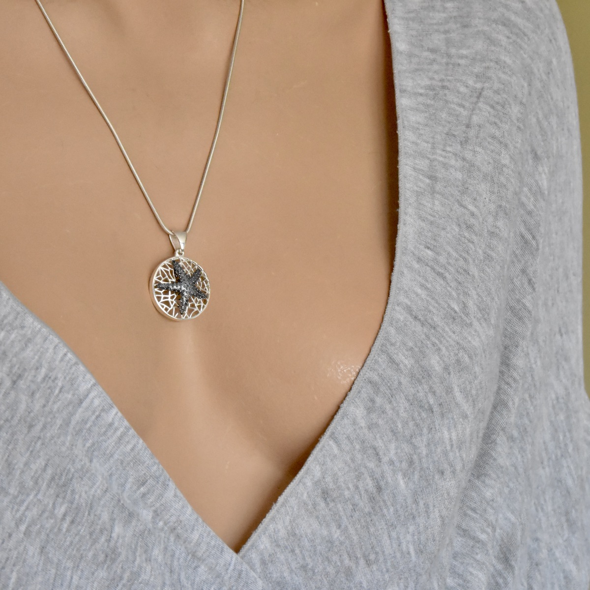 Sterling Silver .925 Starfish Pendant Oxidised Design Chain Necklace Charm Circle Sea Women Girl Jewellery Gift Idea - Image 3