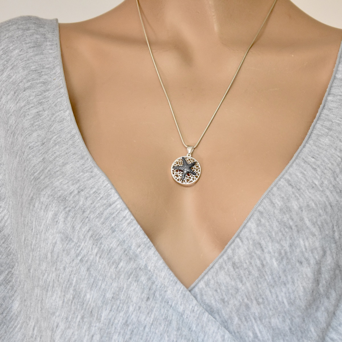 Sterling Silver .925 Starfish Pendant Oxidised Design Chain Necklace Charm Circle Sea Women Girl Jewellery Gift Idea - Image 4