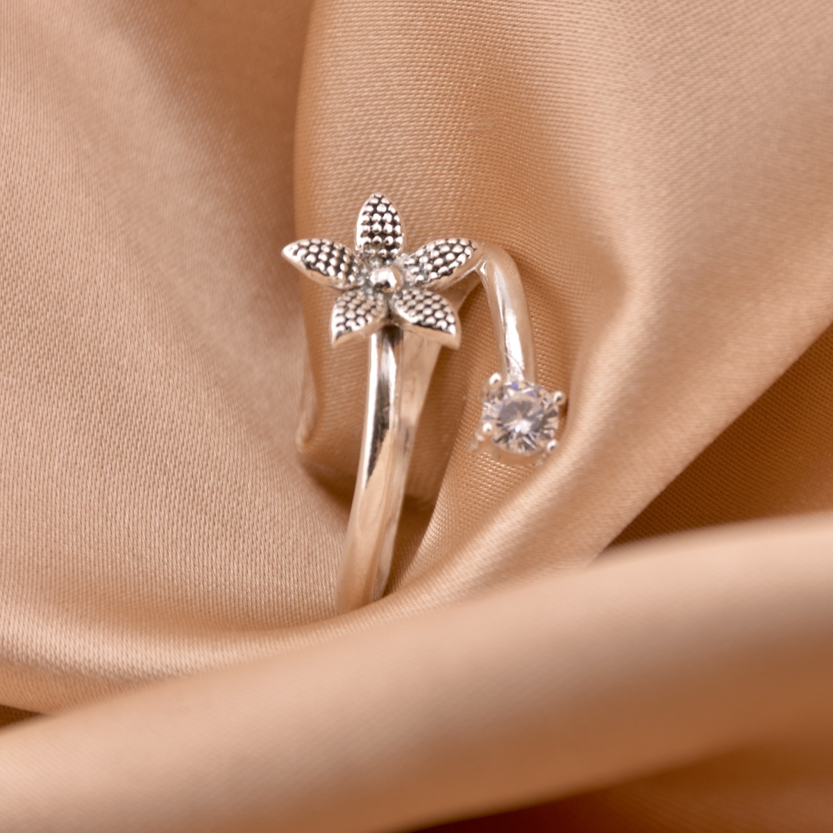 Daisy Flower Adjustable Sterling Silver .925 Ring Cubic Zirconia Gem Floral Statement Jewelry Handcrafted Gift Present - Image 2