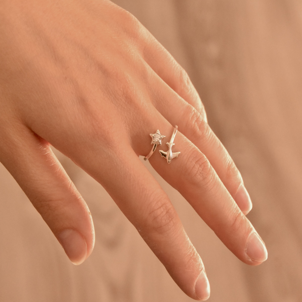 Airplane Adjustable Sterling Silver 925 Ring with Cubic Zirconia Star Shape White Gemstone Minimalist Travel Aviation Lovers Jewelry - Image 2