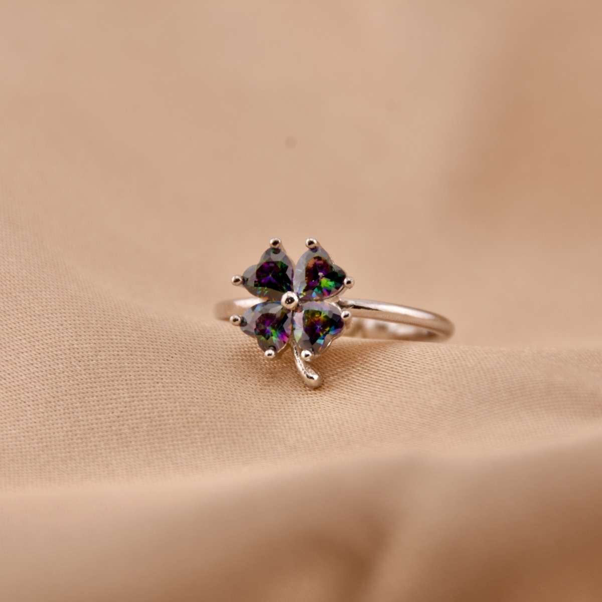 Sterling Silver 925 Four Leaf Clover Ring Adjustable Rainbow Topaz Lucky Ring Good Luck Jewellery Gift for Her - Image 2