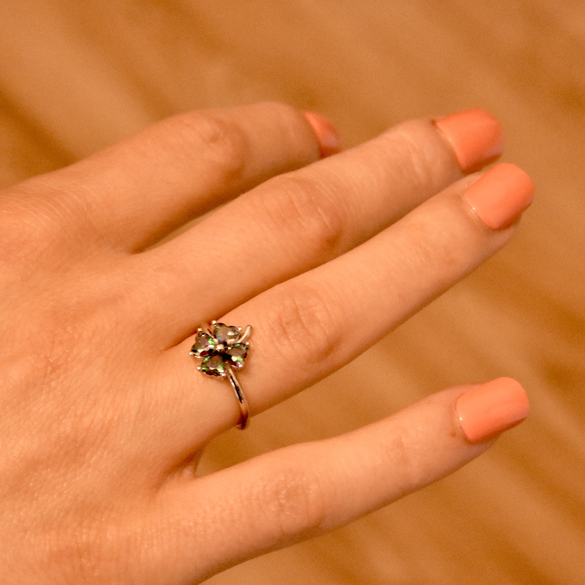 Sterling Silver 925 Four Leaf Clover Ring Adjustable Rainbow Topaz Lucky Ring Good Luck Jewellery Gift for Her - Image 3